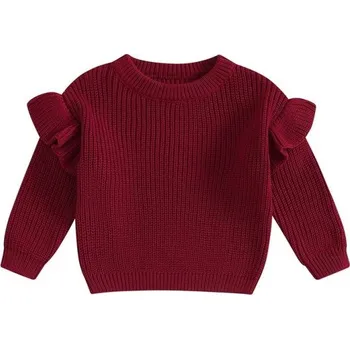 Dětská móda Pletený dětský svetr s volánky pro novorozence Bavlna a akryl Dlouhý rukáv Jednobarevný volný top s kulatým výstřihem O-neck pro dívky i chlapce vínová 18-24 měsíců