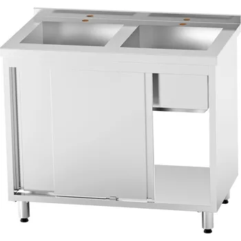 Nerezový dřez Nerezový dvojdřez se skříňkou, svařovaný, posuvné dveře, 100×70×85 cm (2× dřez 40×50×30 cm)