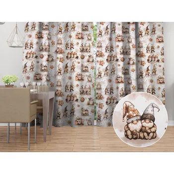 ubrus Vánoční bavlněný závěs Sandra SA-663 Hnědí skřítci s perníčky na bílém 150x200 cm