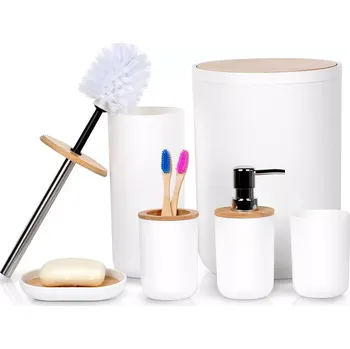 Koupelnová předložka Bílá koupelnová sada 6 ks s bambusovými detaily