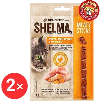 Pamlsek pro kočku Shelma bezobilné masové tyčinky s drůbežím a kurkumou 2 × 15 g