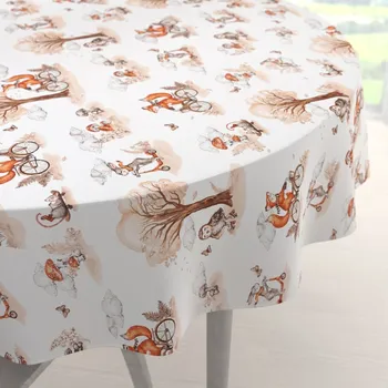 ubrus Dětský bavlněný kulatý ubrus Sandra SA-696 Lišky na kolách - hnědé na bílém Ø 60 cm