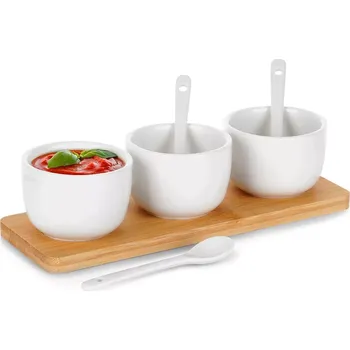 Sada keramických mističek s lyžičkami na bambusovém podnosu 90 ml, 7dílná