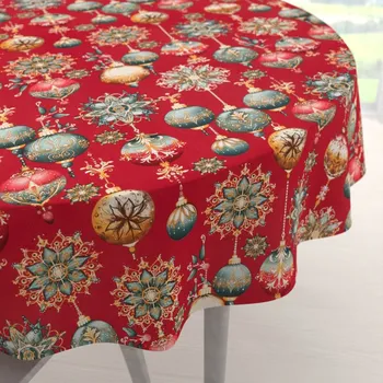 ubrus Bavlněný kulatý ubrus Sandra SA-528 Vánoční baňky na červeném Ø 100 cm