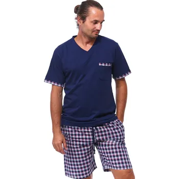 Pánské pyžamo Modré a červeně kárované pyžamo pro muže s kraťasy 1P1836 modrá 3xl
