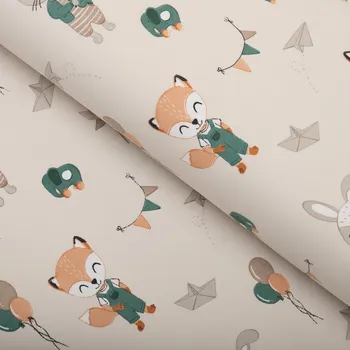Dětská bavlněná látka/plátno Sandra SA-701 Zajíčci a lišky s balónky - zelené na světle béžovém - šířka 160 cm