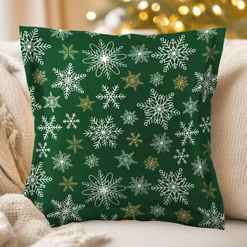 Povlak na dekorativní polštářek Bavlněný povlak na polštář s lemem Sandra SA-703 Vánoční vločky na zeleném 30 x 50 cm