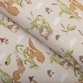 Dětská bavlněná látka/plátno Sandra SA-695 Veverky a ježci na světle béžovém - šířka 160 cm