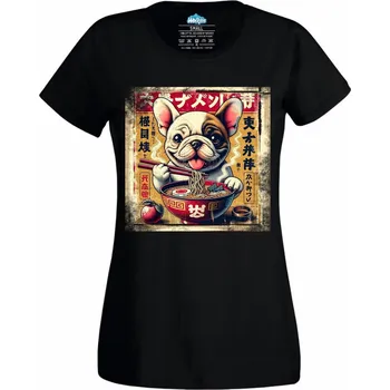Dámské tričko Retro Plakát Buldoček a Ramen (Velikost: 4XL, Barva: Černá)