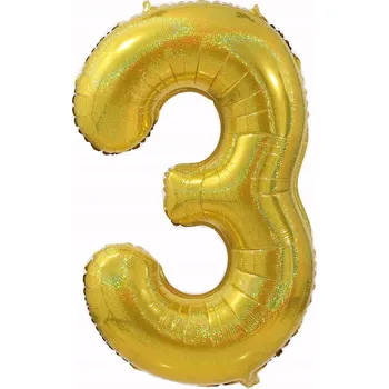 Balónek Fóliový balónek ČÍSLICE 3 Zlatý s třpytkami Velký 100 cm na hélium Narozeniny
