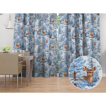 ubrus Vánoční bavlněný závěs Sandra SA-674 Lesní zvířata v zimním lese na modrém 150x140 cm