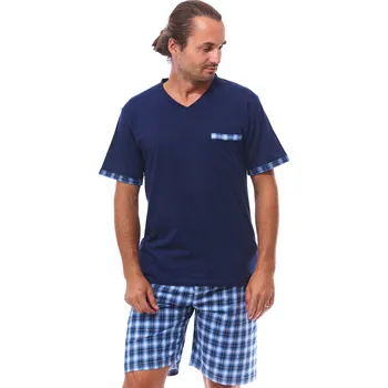Pánské pyžamo Modré a modře i šedě kárované pyžamo pro muže s kraťasy 1P1839 modrá xxl