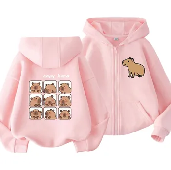 Dívčí mikina Dětská mikina s kapucí na zip s motivem kapybary Kawaii manga styl Polyester Jednobarevná mikina s kapsami Unisex oblečení pro chlapce i dívky růžová 4