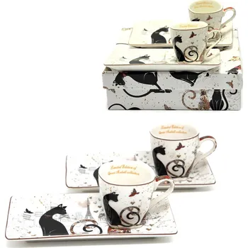 Stolování Queen Isabell Collection Šálek na espresso 80 ml s obdélníkovým podšálkem "Cats in Paris" - sada 2 ks