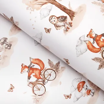 Dětská bavlněná látka/plátno Sandra SA-696 Lišky na kolách - hnědé na bílém - šířka 160 cm