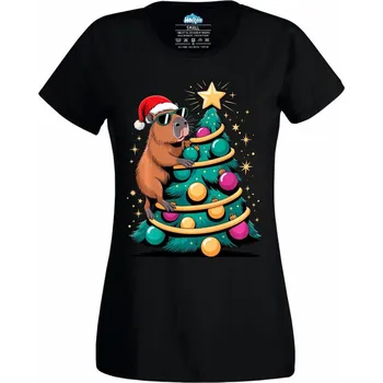 Dámské tričko Dámské tričko Vánoční Kapybara na Stromku (Velikost: L, Barva: Černá)