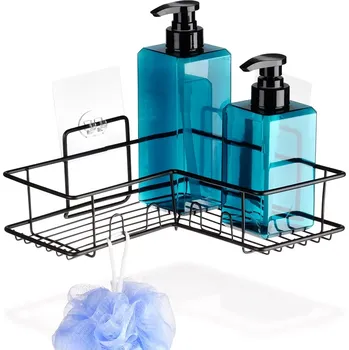 Drátěná police Rohová přisávací koupelnová polička z černého kovu VILDE