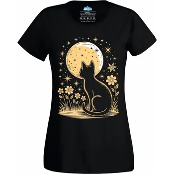 Dámské tričko Dámské tričko Kočka pod Hvězdnou Oblohou (Velikost: M, Barva: Černá)