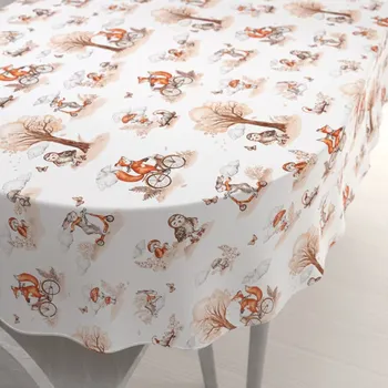 ubrus Dětský bavlněný oválný ubrus Sandra SA-696 Lišky na kolách - hnědé na bílém 50x100 cm