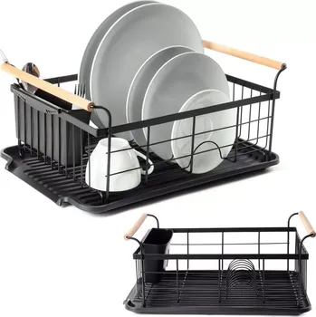 Odkapávač na nádobí Odkapávač na nádobí černý s dřevěnými madly 42,5 × 29,5 × 19 cm