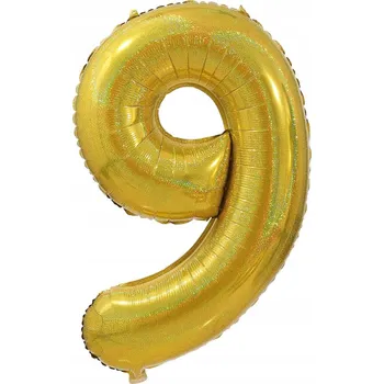 Balónek Fóliový balónek ČÍSLICE 9 Zlatý s třpytkami Velký 100 cm na hélium Narozeniny