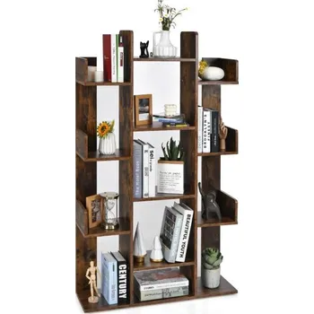 Knihovna Costway Knihovna se 13 policemi, rustikální hnědá, 140 x 86 x 23,5 cm