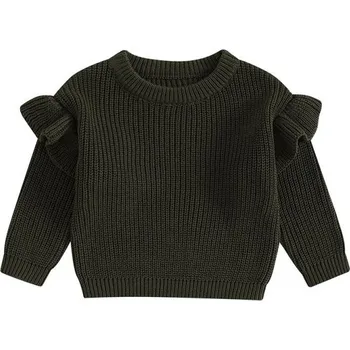 Dívčí svetr Pletený dětský svetr s volánky pro novorozence Bavlna a akryl Dlouhý rukáv Jednobarevný volný top s kulatým výstřihem O-neck pro dívky i chlapce černá 0-3 měsíce