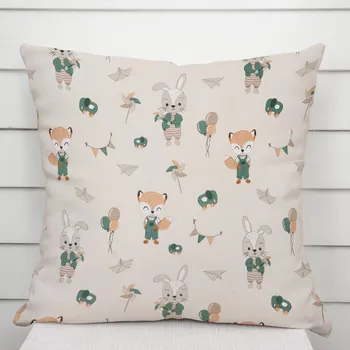 Povlak na dekorativní polštářek Dětský bavlněný povlak na polštář Sandra SA-701 Zajíčci a lišky s balónky - zelené na světle béžovém 50 x 50 cm