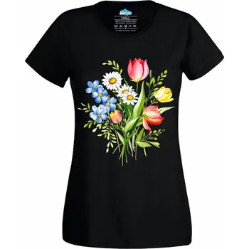 Dámské tričko Svazek květin Tulipány a Kopretiny (Velikost: 4XL, Barva: Černá)