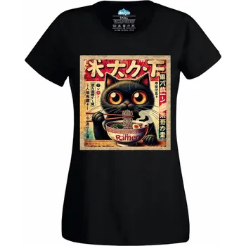 Dámské tričko Japonský Plakát Černá Kočka a Ramen (Velikost: 4XL, Barva: Černá)