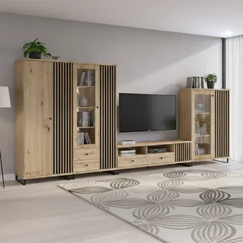 Obývací stěna Obývací stěna se skříní CALI | 4 díly + ČERNÉ NOHY | 420 cm | sestava D | artisan