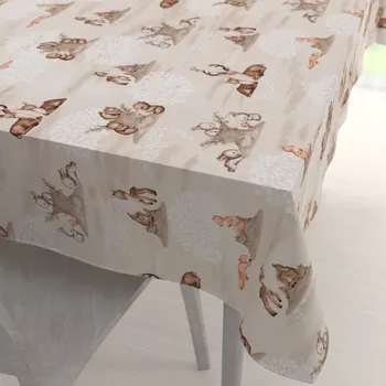 ubrus Dětský bavlněný obdélníkový ubrus Sandra SA-698 Hnědá lesní zvířátka na béžovém 50x100 cm