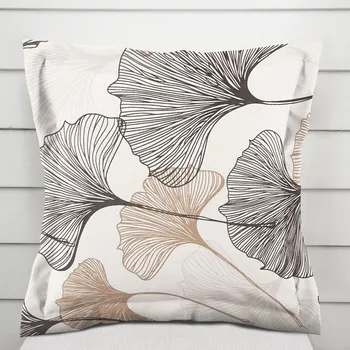 Povlak na polštářek Bavlněný povlak na polštář s lemem Sandra SA-411 Hnědé Ginkgo listy na bílém 50 x 60 cm