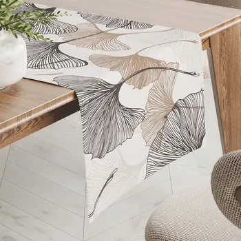 ubrus Bavlněný běhoun na stůl Sandra SA-411 Hnědé Ginkgo listy na bílém 20x120 cm