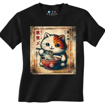 Dívčí tričko Dětské tričko Retro Plakát Kočka a Horký Ramen (Velikost: 3-4, Barva: Černá)