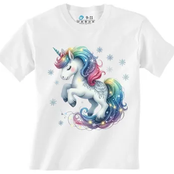 Dívčí tričko Dětské tričko Zimní Jednorožec mezi Vločkami (Barva: Bílá)