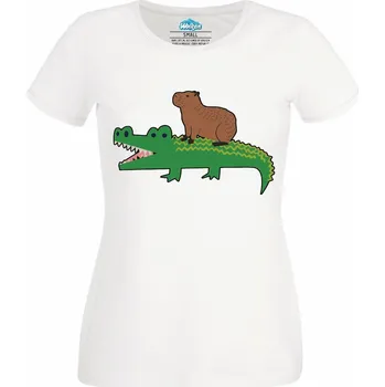 Dámské tričko Kapybara Jízda na Krokodýlovi (Velikost: 4XL, Barva: Bílá)