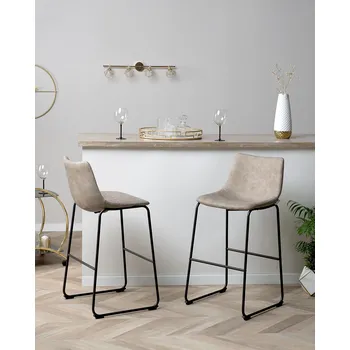 Barová židle Sada 2 barových stoliček Béžové látkové čalounění Černé kovové nohy Podnožka Industriální Beliani