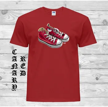 Pánské tričko levne-bavlnene-tricko-potisk-cervene-tenisky-converse Barva: Canary red - kanársky červená, velikost: L