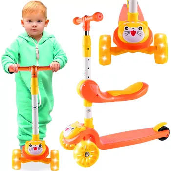 Koloběžka Tříkolová koloběžka s LED koly a sedátkem – kočička, oranžová