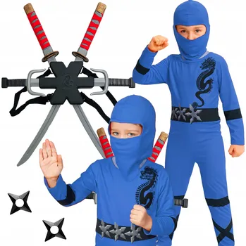 Karnevalový kostým KOSTÝM NINJA MEČE ŠURIKENY DÝKY KATANA BOJOVNÍK MODRÝ 116 122 CM