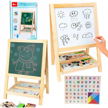 Magnetická kreslící tabulka DŘEVĚNÁ OBOUSTRANNÁ MAGNETICKÁ TABULE POPISOVAČ KŘÍDA PÍSMENA ČÍSLA HOUBIČKA