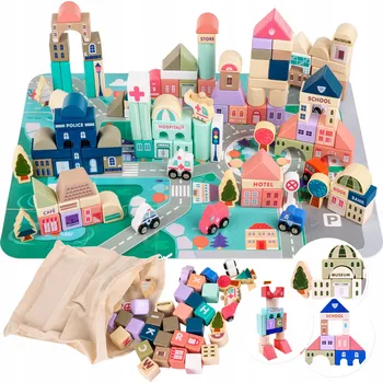 ostatní stavebnice Dřevěné Edukační Stavebnice PODLOŽKA Městečko 121 dílků Knížečka + Sáček