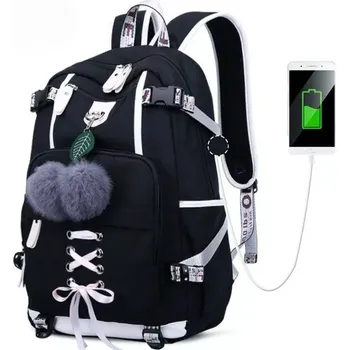 Školní batoh Dívčí teenager školní batoh s USB Třešničky Černý 20L