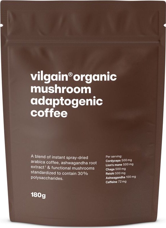 Vilgain Adaptogenní káva BIO –⁠ směs 100% arabiky s houbami a ashwagandou, vysoce koncentrované BIO extrakty, MCT prášek jako zdroj energie, doplněk stravy 180 g