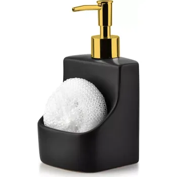 Dávkovač mýdla Keramický dávkovač na saponát s přihrádkou na houbičku, černý 400 ml