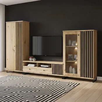 Obývací stěna Obývací stěna se skříní CALI | 3 díly + ČERNÉ NOHY | 333,5 cm | sestava F | artisan