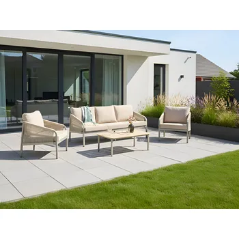 Zahradní sestava 5místná zahradní sedací souprava béžová kovový rám 3místná pohovka křesla s polštáři moderní zahrada Beliani