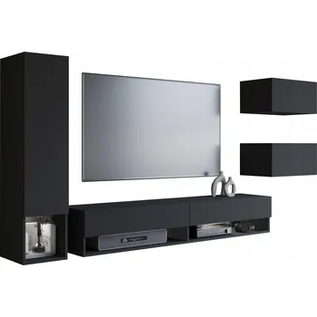 Obývací stěna Nábytková Stěna 4-dílný závěsný set RTV 180 sloupek 2 skříňky černá matná s LED