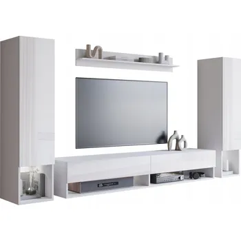 Obývací stěna Závěsná obývací stěna s policemi, TV skříňkou, sloupky, bílá lesklá čela a LED osvětlením